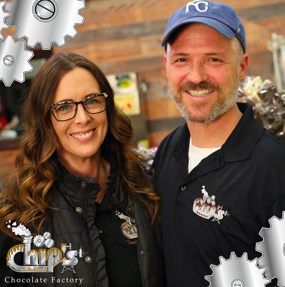 Chip's Chocolate Factory Owners Nicole and Mike Posing with Chip's Chocolate Factory branded polo shirts